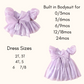 Purple dress with a built-in bodysuit and size chart on a white background