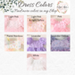 Color swatches of dresses with text indicating dress colors and a brand logo.