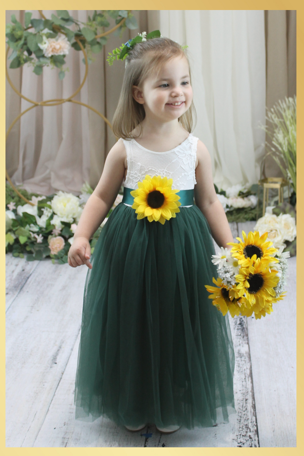 The Peony Hunter Green Flower Girl Dress Sunflower Sash