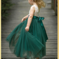 flower girl dress in short sleeve lace and hunter green tulle, full length style