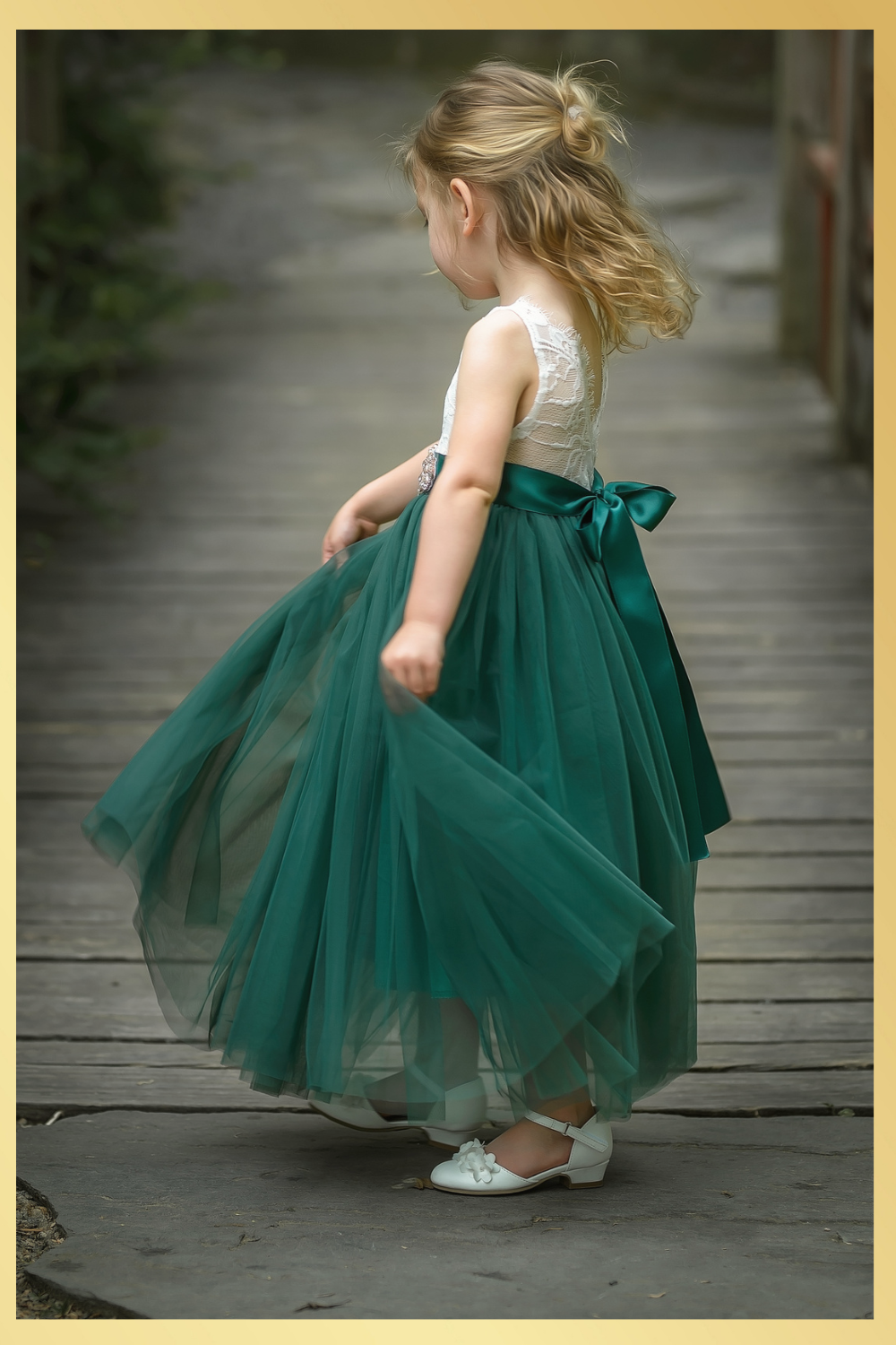 flower girl dress in short sleeve lace and hunter green tulle, full length style