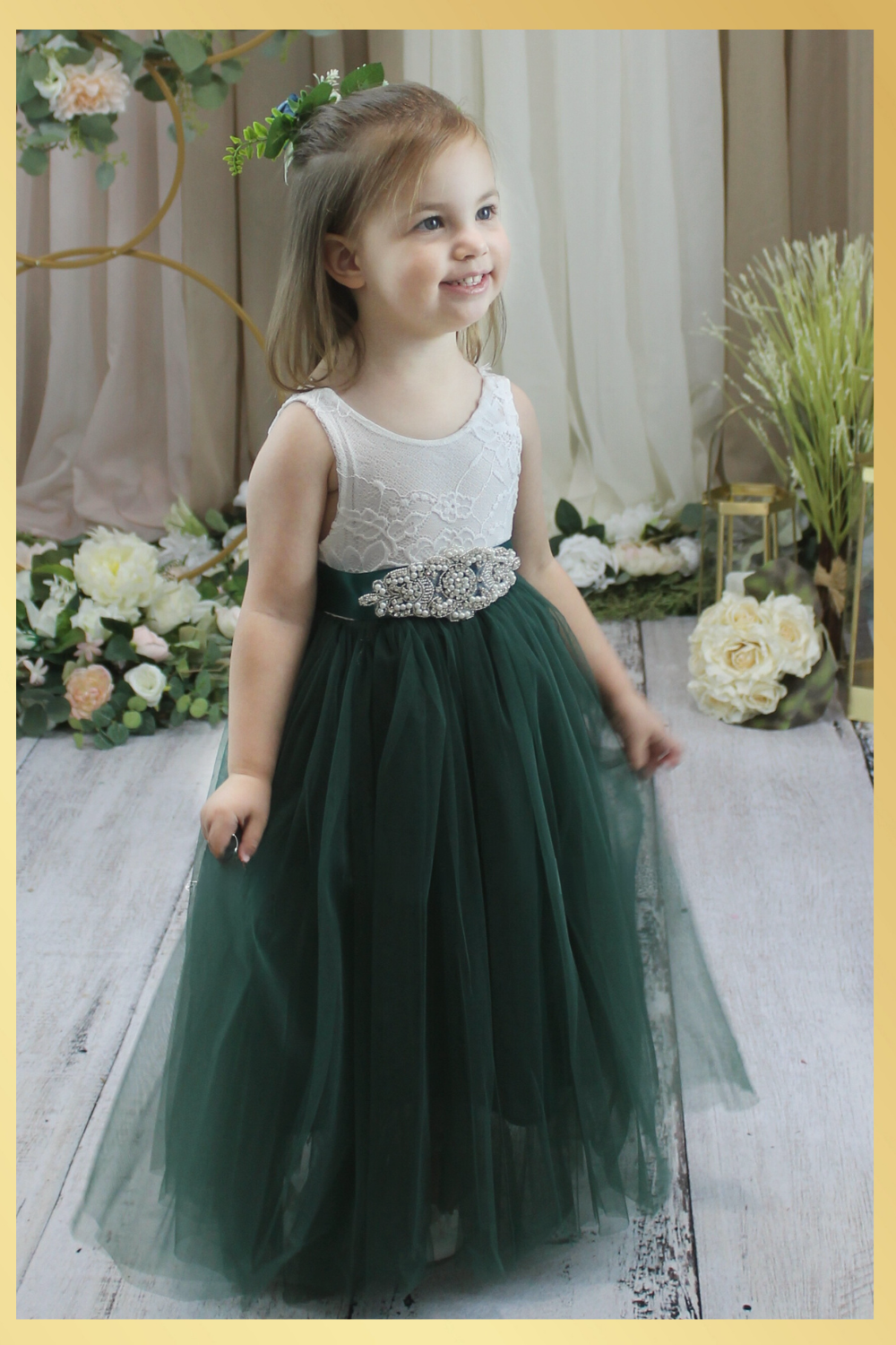 Toddler flower girl dress in hunter green tulle