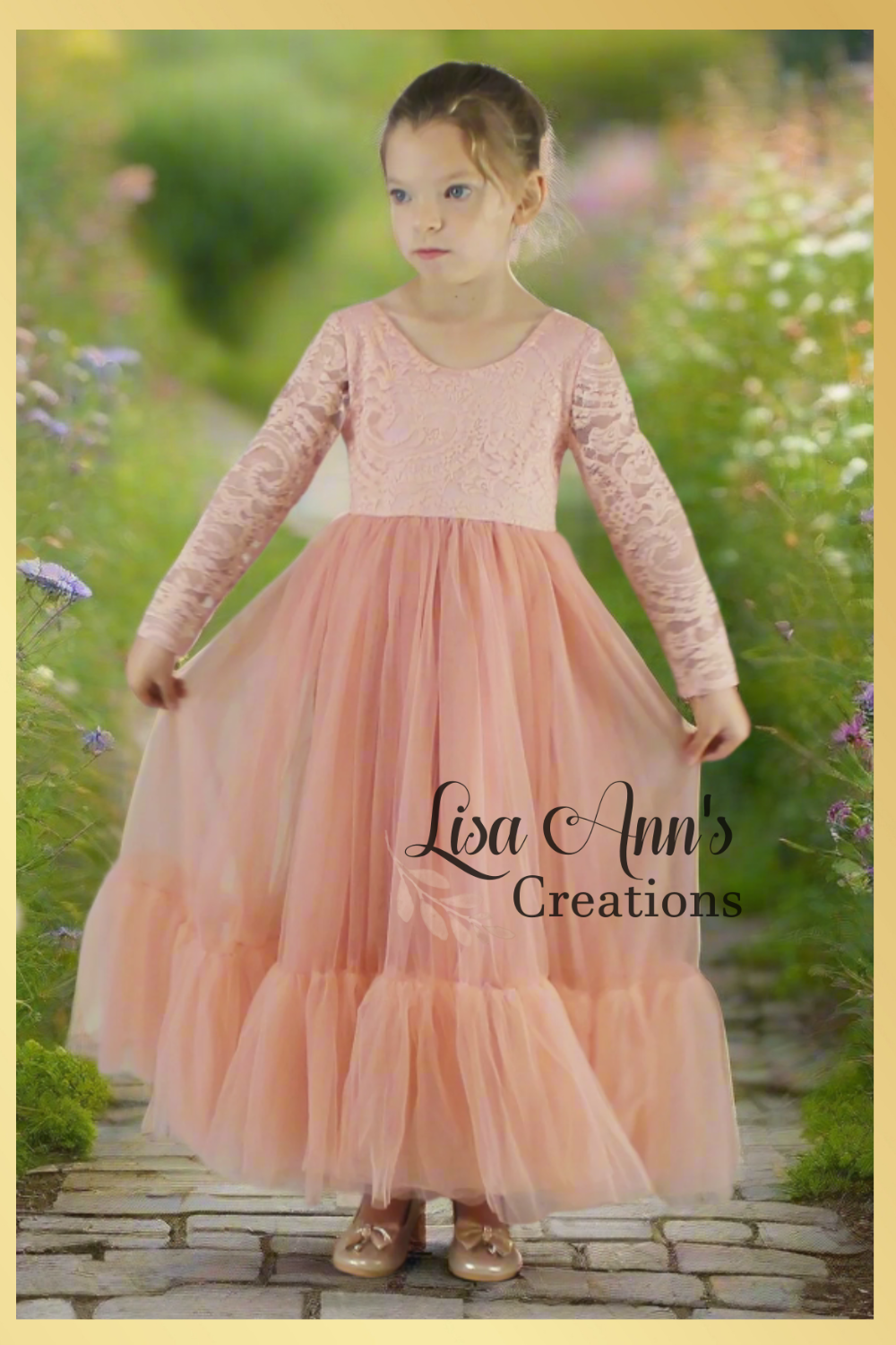 Blush Flower Girl Dress in Long sleeves with lace and tulle