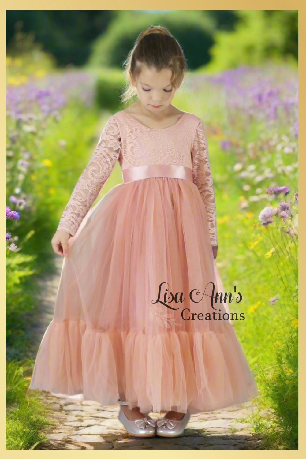 Flower Girl Dress Blush Long Sleeve Lace and Tulle