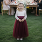 flower girl dress in burgundy tulle and white lace. 