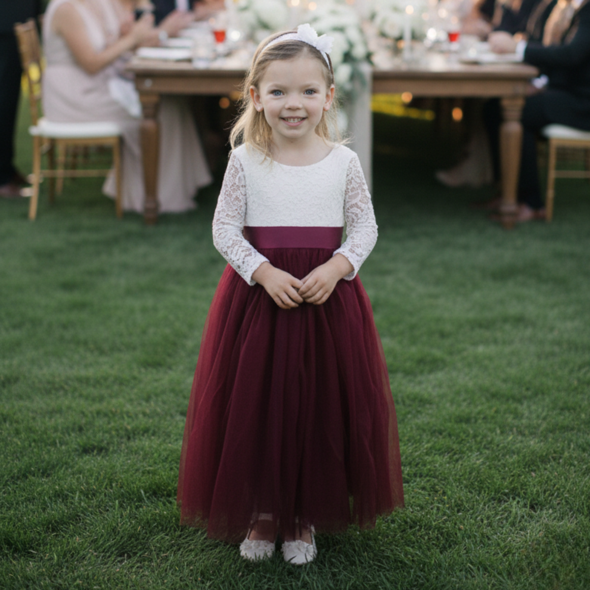 flower girl dress in burgundy tulle and white lace. 