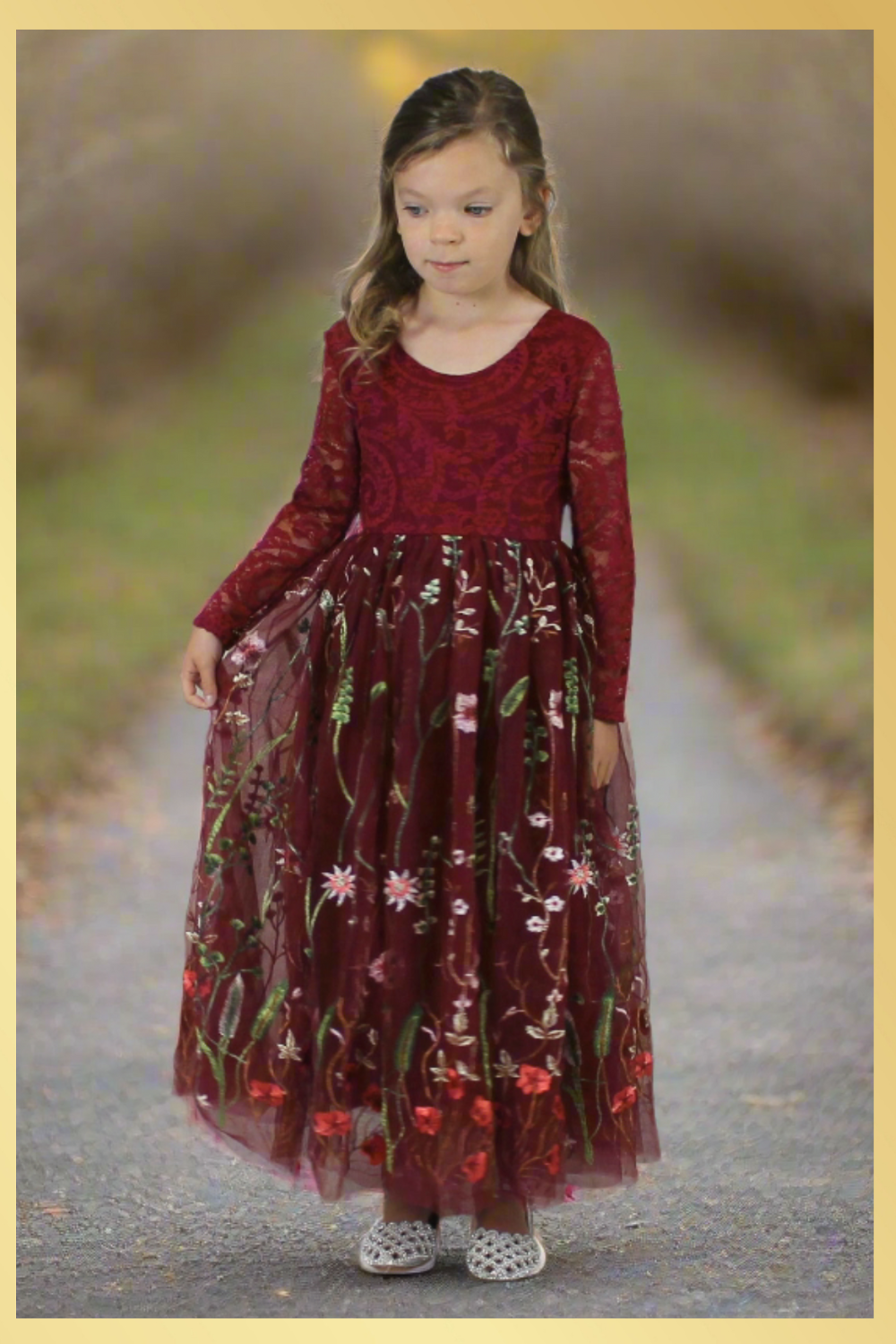 Burgundy Floral Flower Girl Dress