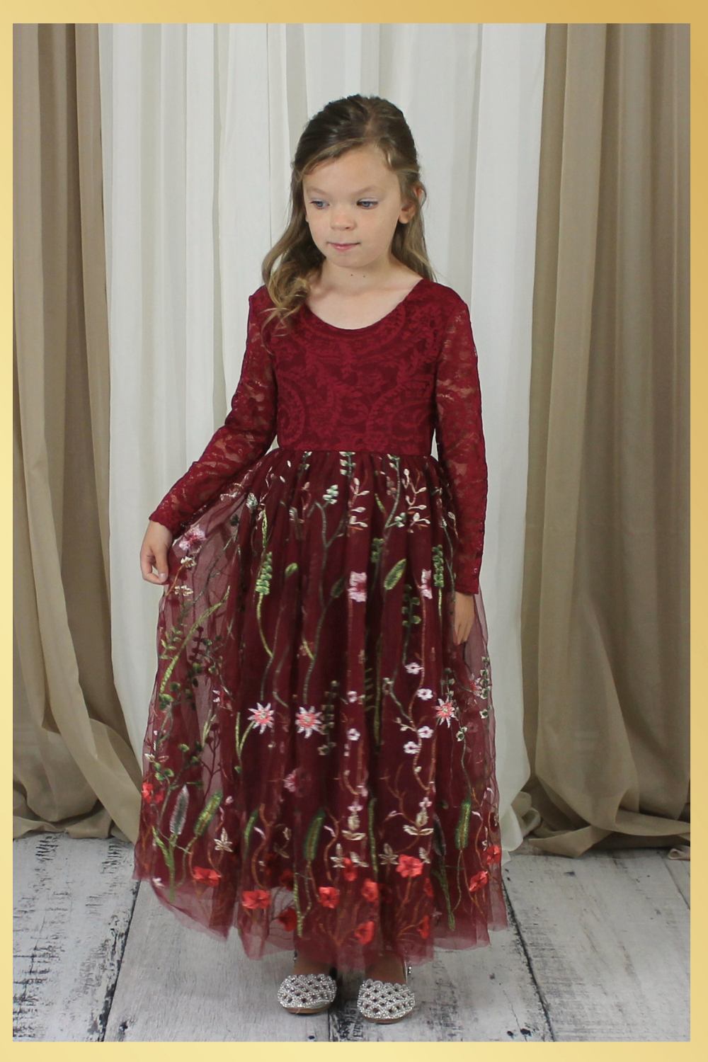 Fall Flower Girl in burgundy lace and tulle long sleeve floral dress