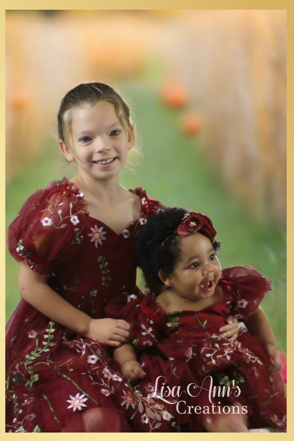 matching sister outfits for fall in burgundy floral dresses