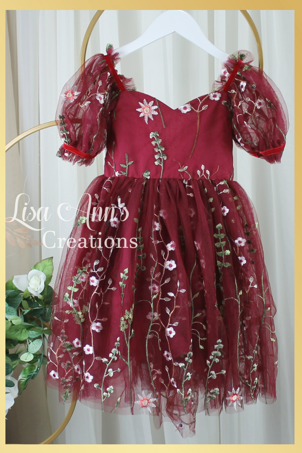 Burgundy floral dress in short sleeves