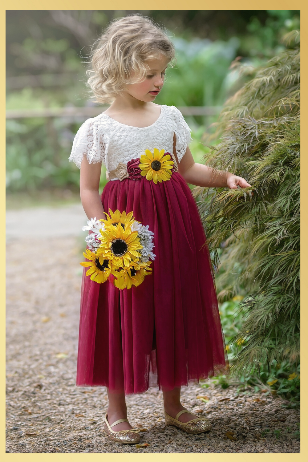 Burgundy sunflower flower girl drress