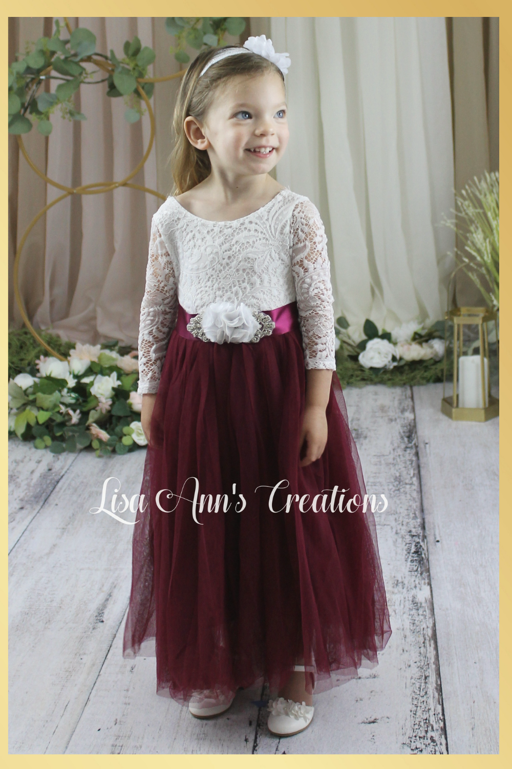 Flower girl dress in burgundy tulle and white lace long sleeves