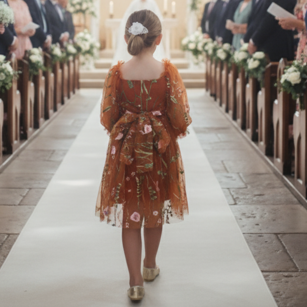 The Fall Wildflower - Girls Long Sleeve Floral Dress - Burnt Orange