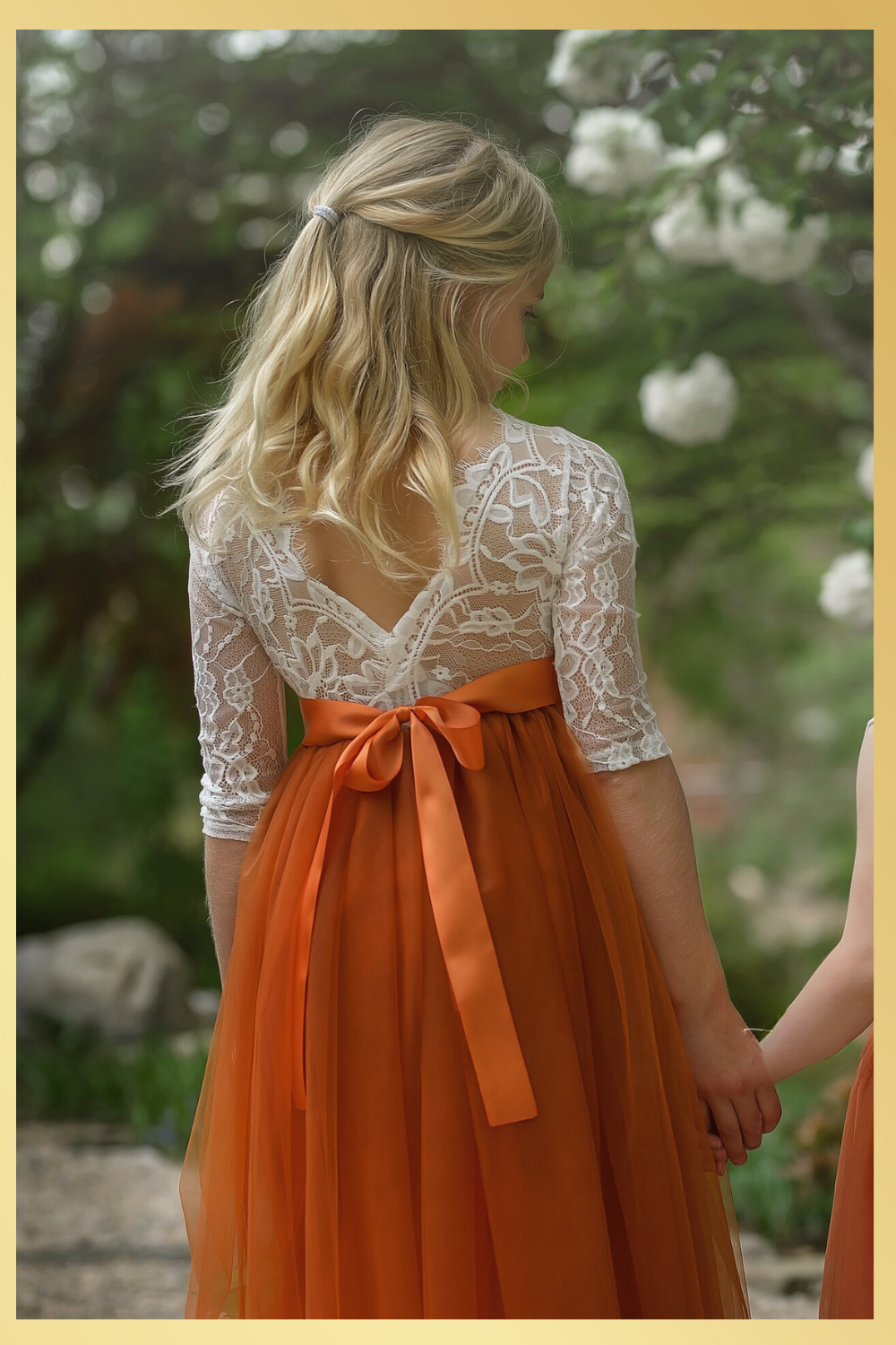 Junior Bridesmaid Dress in Burnt Orange Tulle and white lace