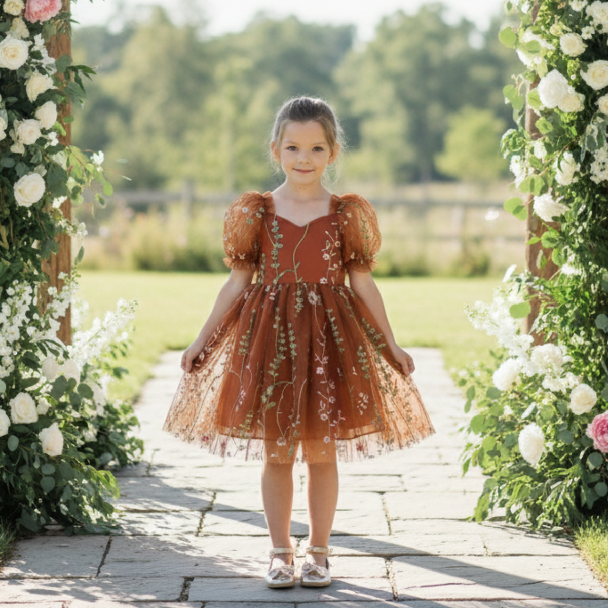 Fall floral dress for toddlers and girls in warm burnt orange embroidered tulle