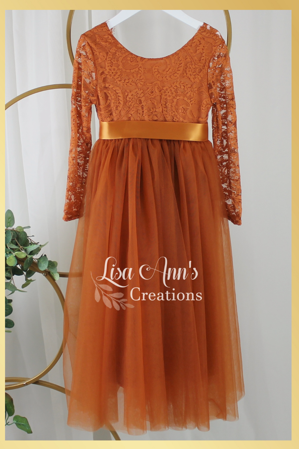 Rustic flower girl dress in burnt orange tulle and lace