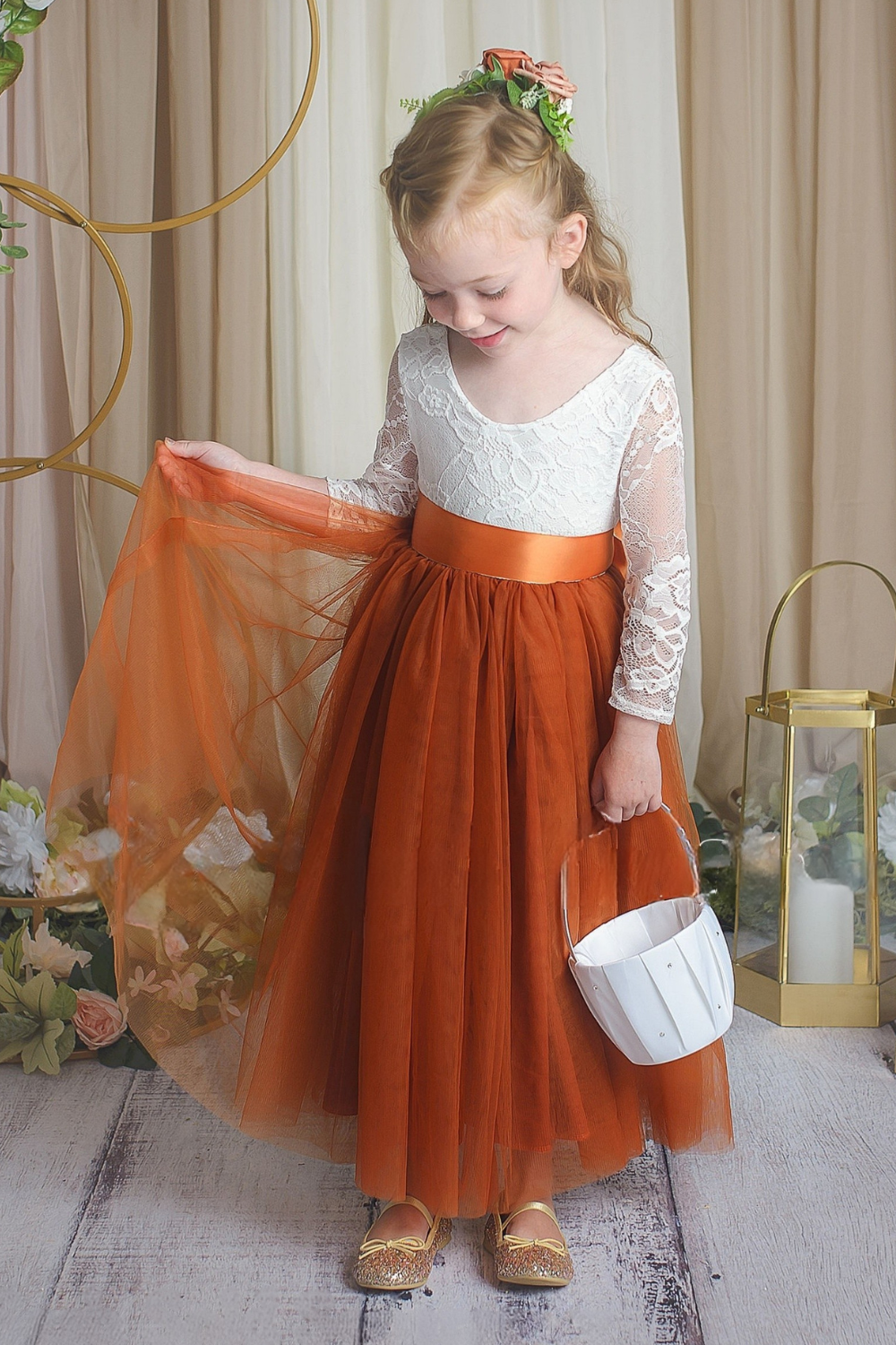 Fall flower girl dress with burnt orange tulle skirt and large flower sash