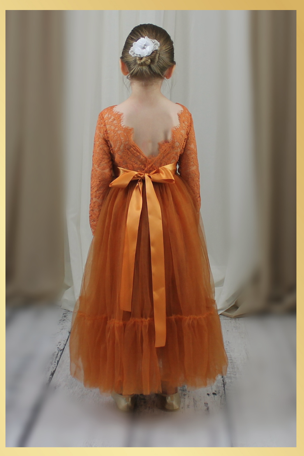 Girls Dress Burnt Orange Tulle and Lace Full Length and Long Sleeves