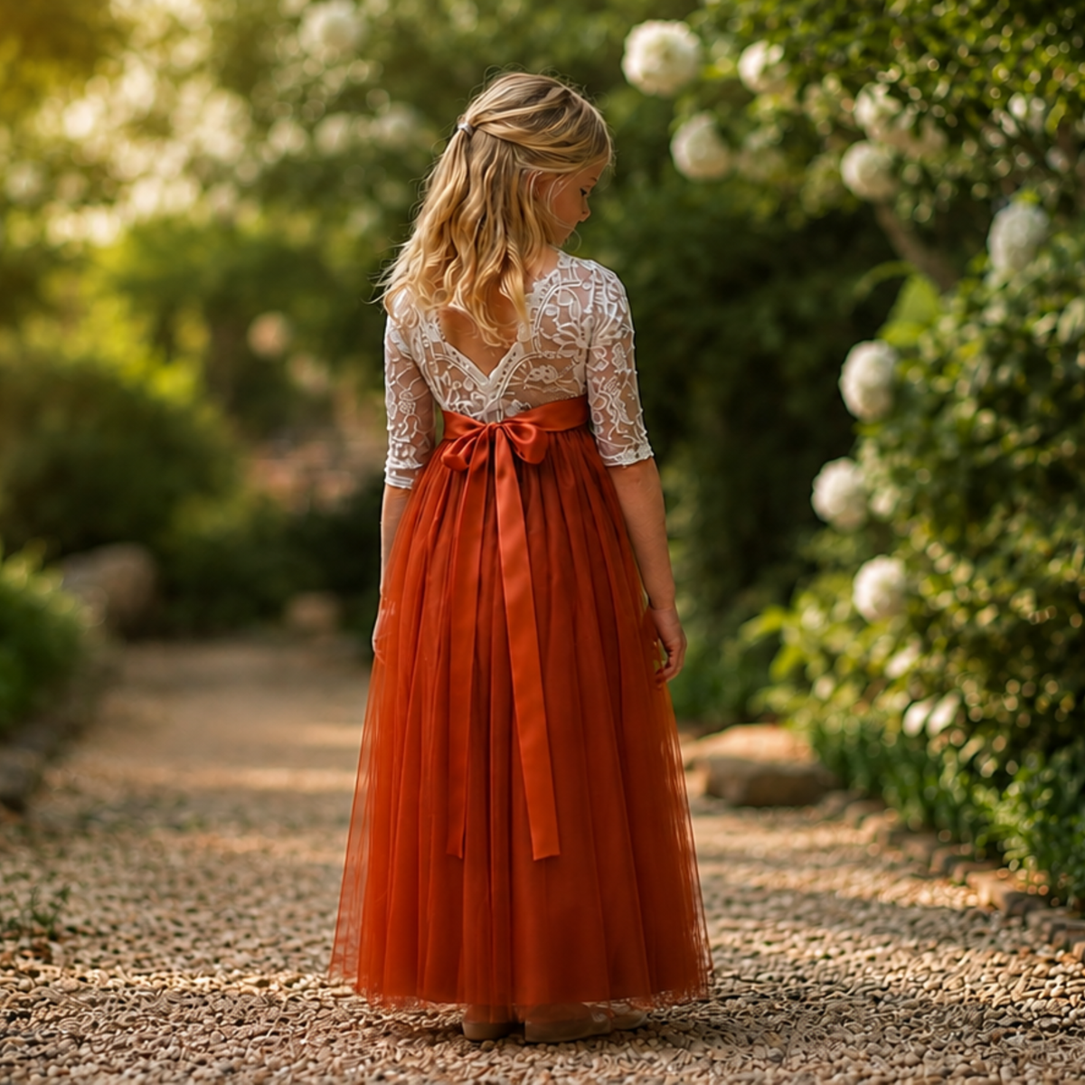 flower girl dress in burnt orange tulle with white lace long sleeves for fall weddings. 