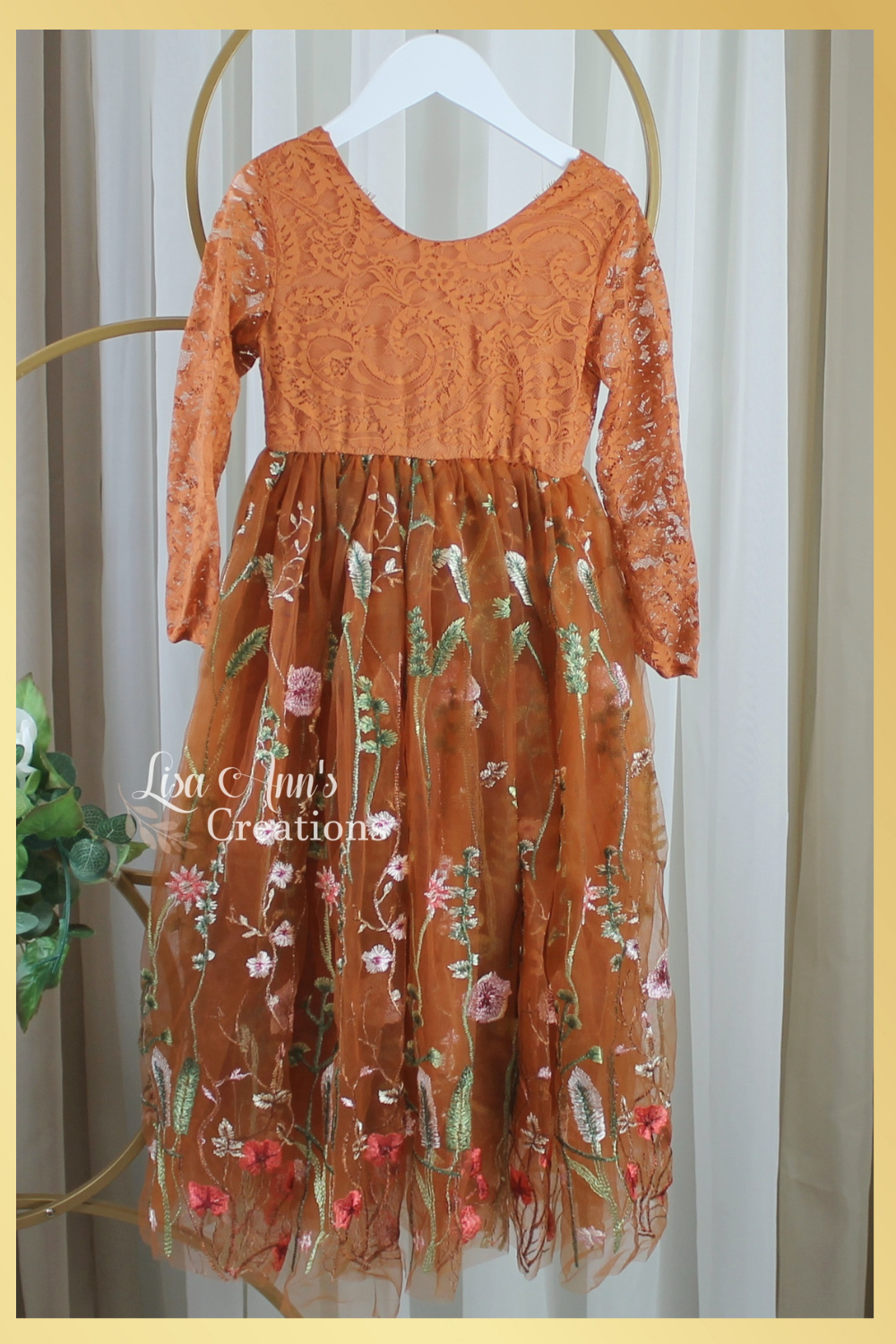 flower girl dress in burnt orange tulle and lace
