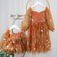 Matching Sister dresses Fall Floral dress in burnt orange floral embroidery with long tulle sleeves and knee length style. 
