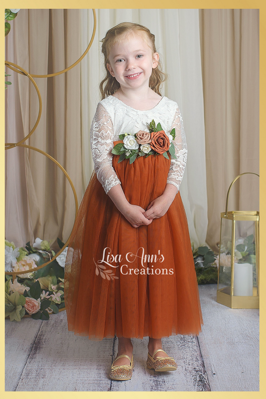 Burnt Orange Flower Girl Dress with custom floral sash