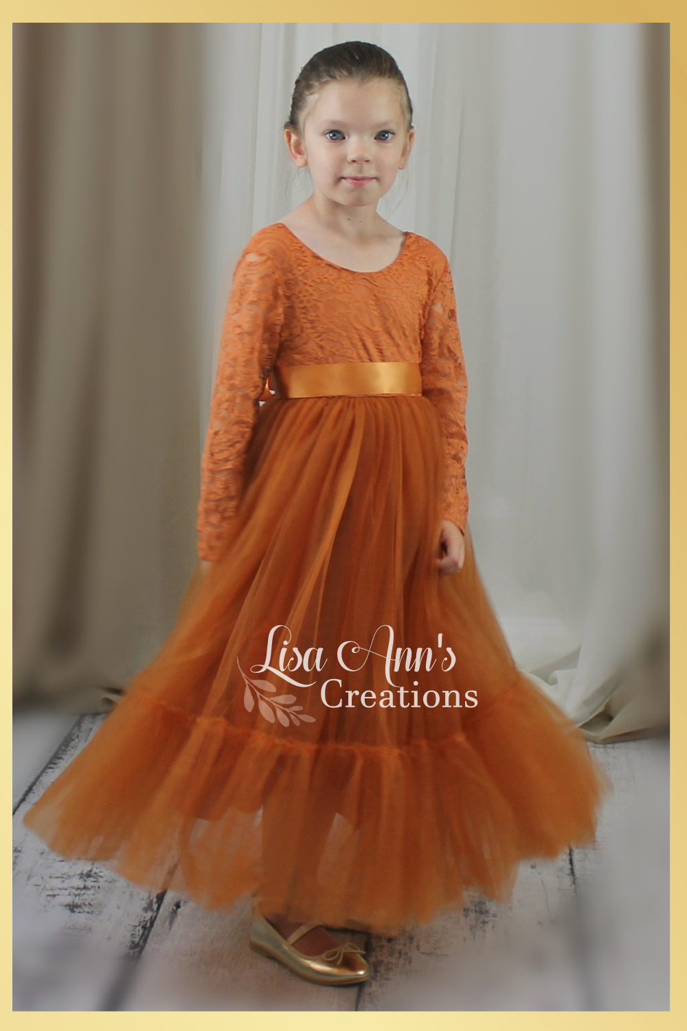 Flower Girl Dress in Burnt Orange Tulle and Lace