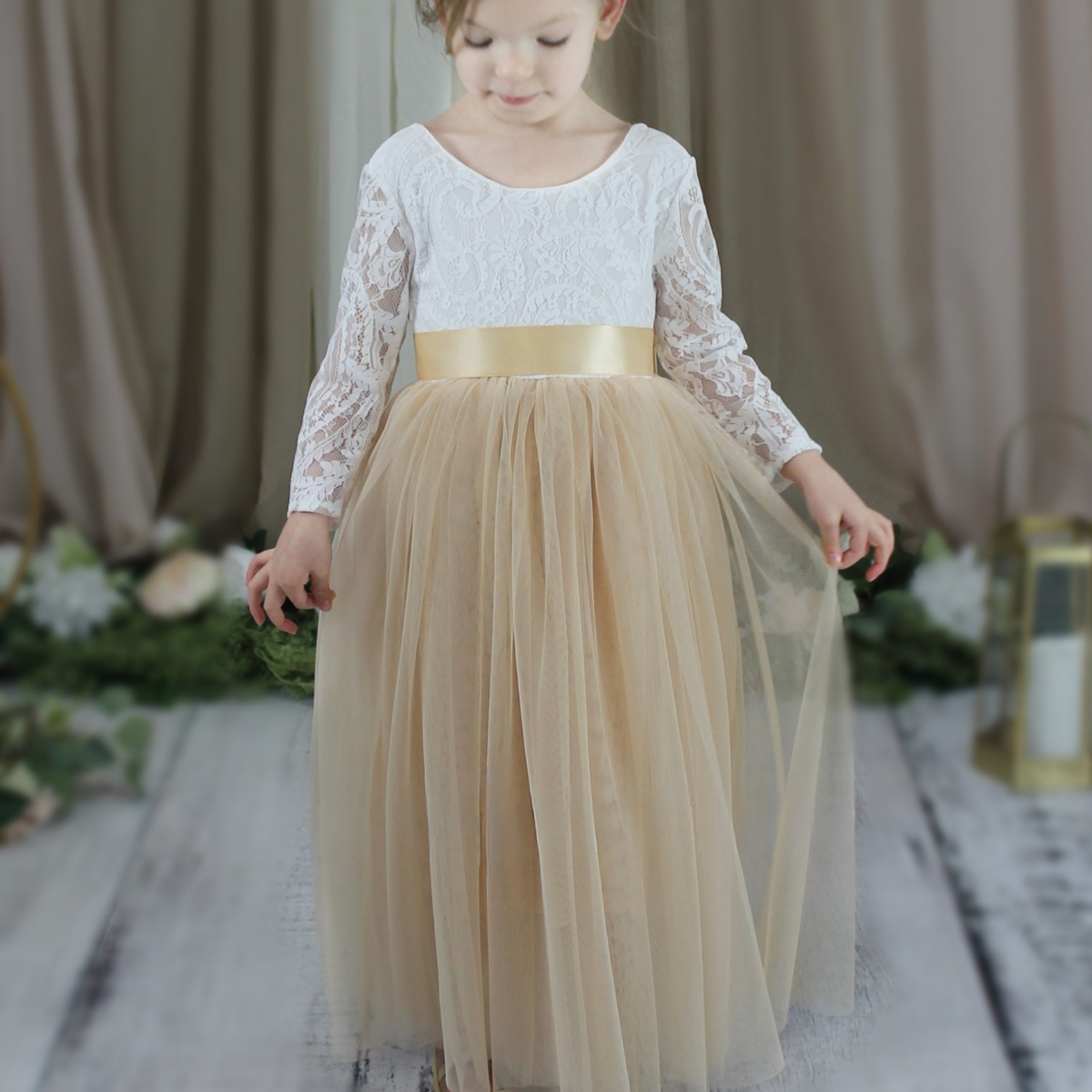 Flower girl dress in champagne tulle and white lace