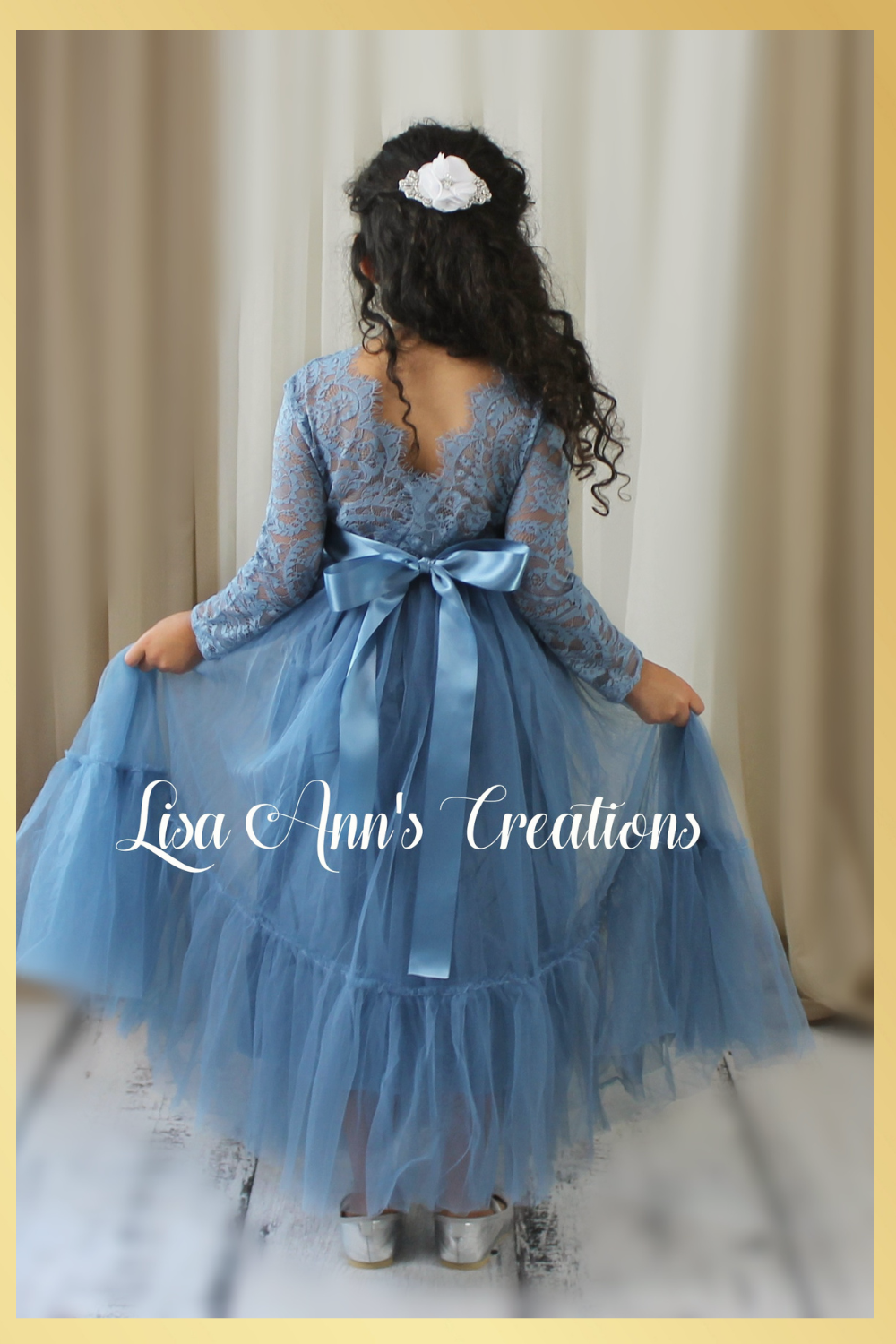 Flower girl dress in dusty blue long sleeve lace and tulle