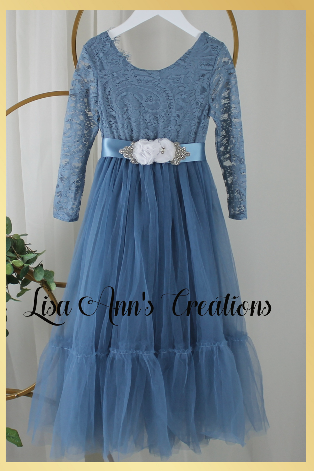 Junior Bridesmaid dress in dusty blue tulle and lace