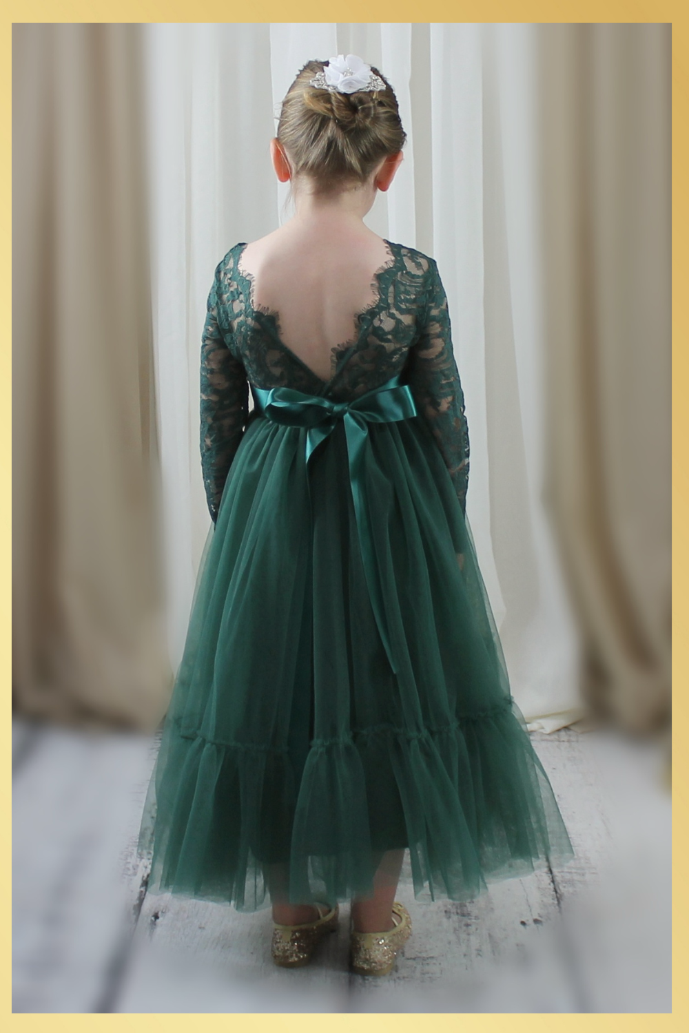 Special occasion girls dress in hunter green tulle and lace