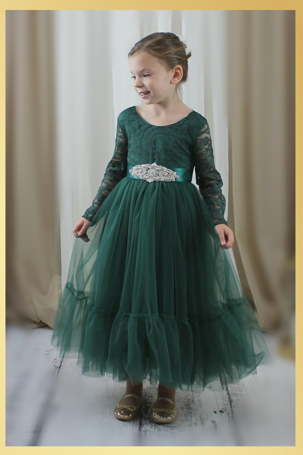 Flower girl dress in hunter green tulle and lace