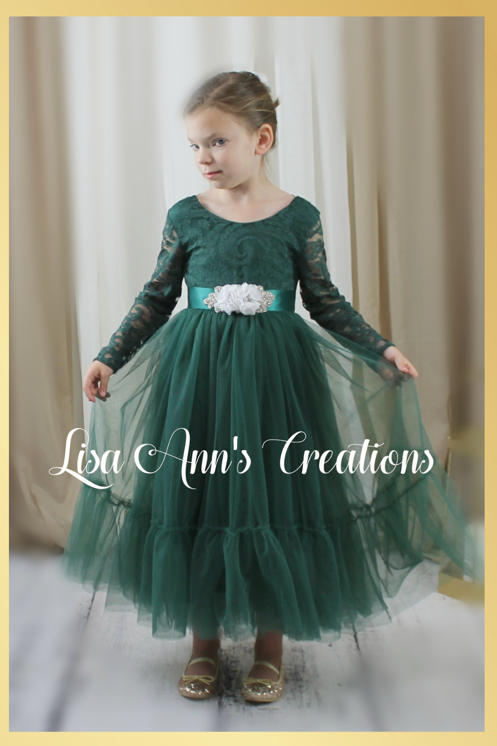 Hunter Green Flower Girl Dress in lace and tulle