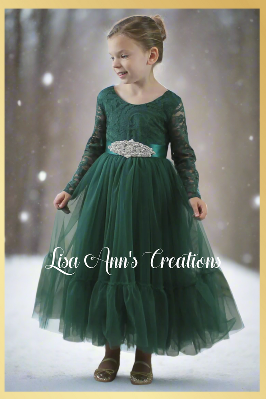 Girls Green Christmas Dress in lace and tulle