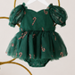 Green Christmas dress girl style with short puff sleeves, sweetheart neckline and red and gold glitter candy cane tulle.