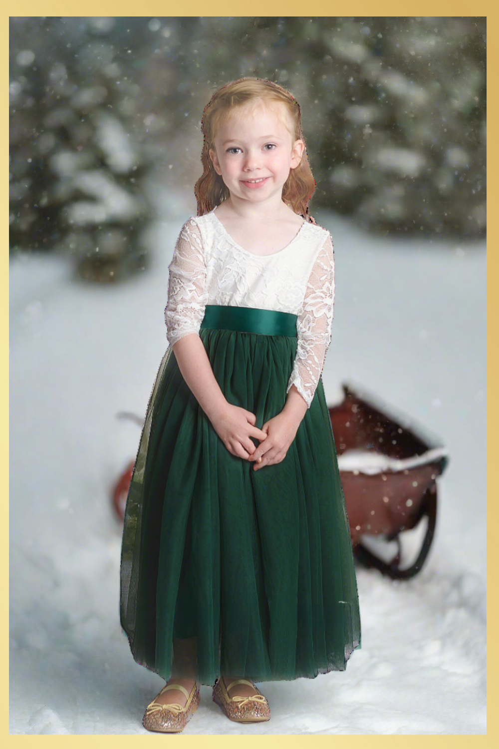 Winter wedding flower girl dress in hunter green tulle and white lace long sleeves