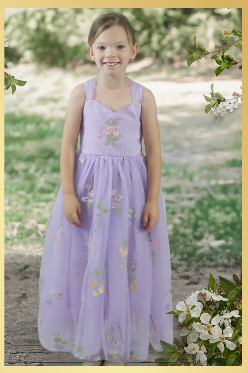 flower girl dress full length in lavender tulle with embroidered flowers 