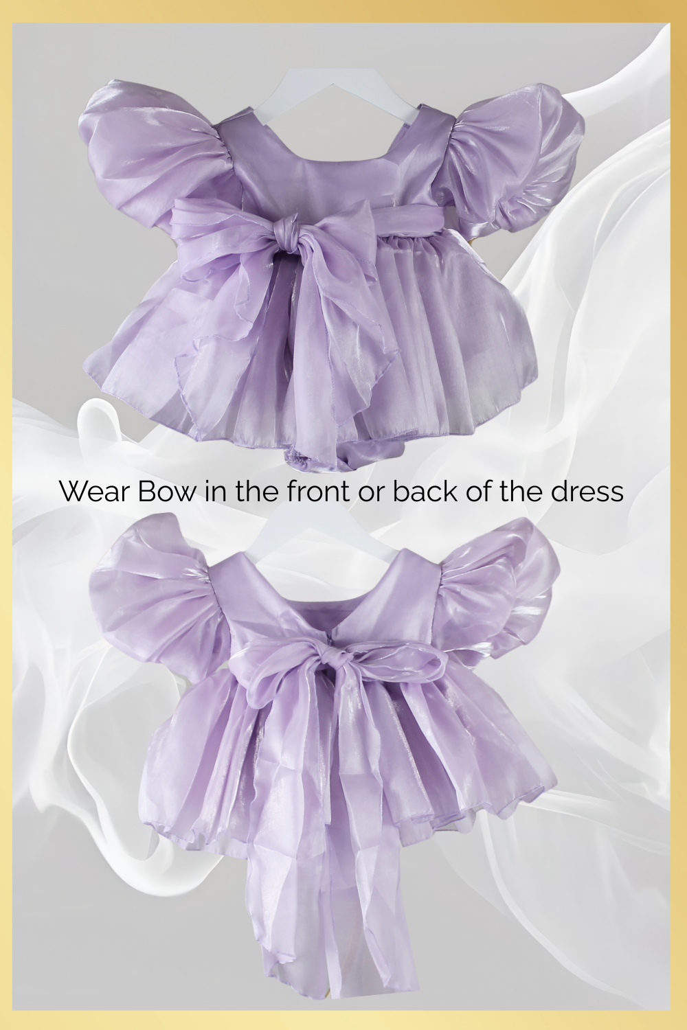 Baby girl dress in lavender with puffy short sleeves and built in romper style in Organza material