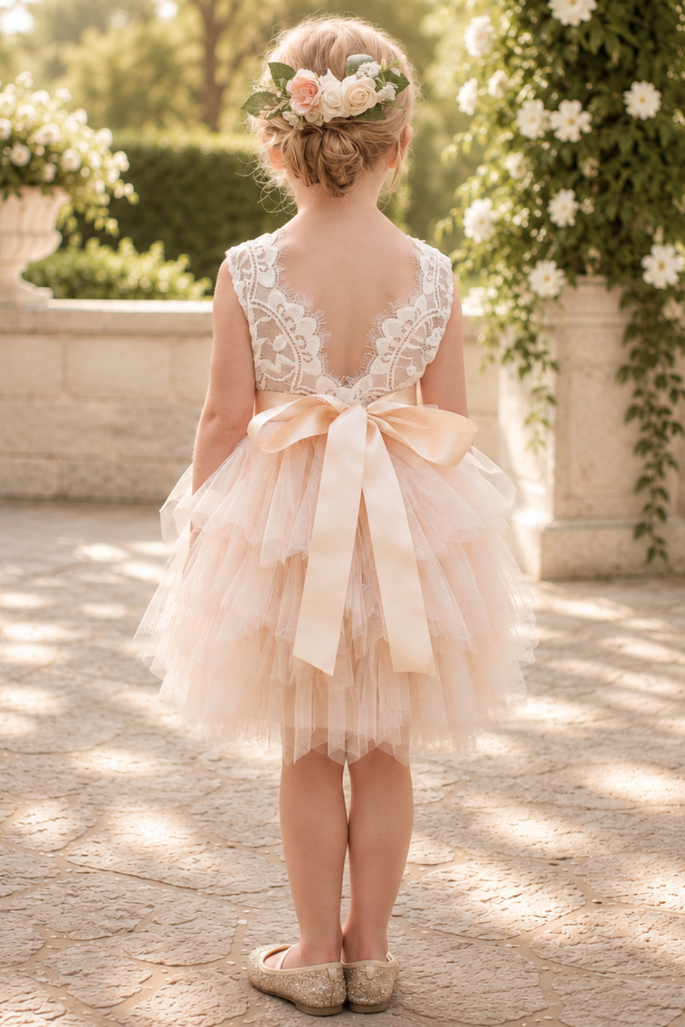 flower girl dress in champagne tulle and soft white lace sleeveless style dress.  
