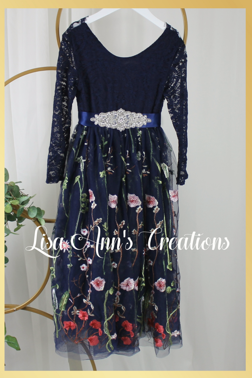 Bridesmaid dress for junior bridesmaid in navy floral tulle and lace