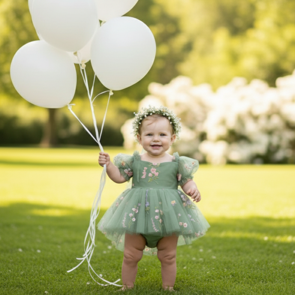 Floral flower girl dress in sage green tulle with embroidery flowers. 