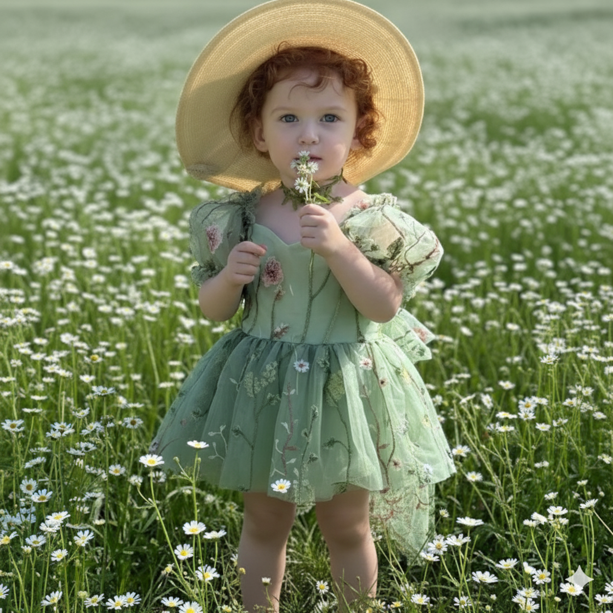 Baby flower girl dress in sage floral tulle in a romper style. 