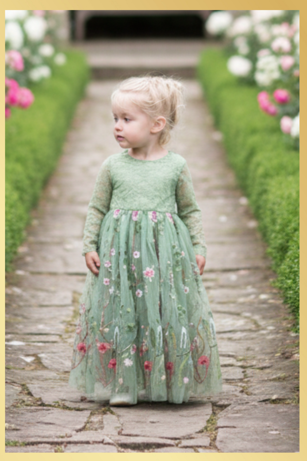 sage green embroidery floral flower girl dress. sage long sleeve lace top with floral tulle bottom