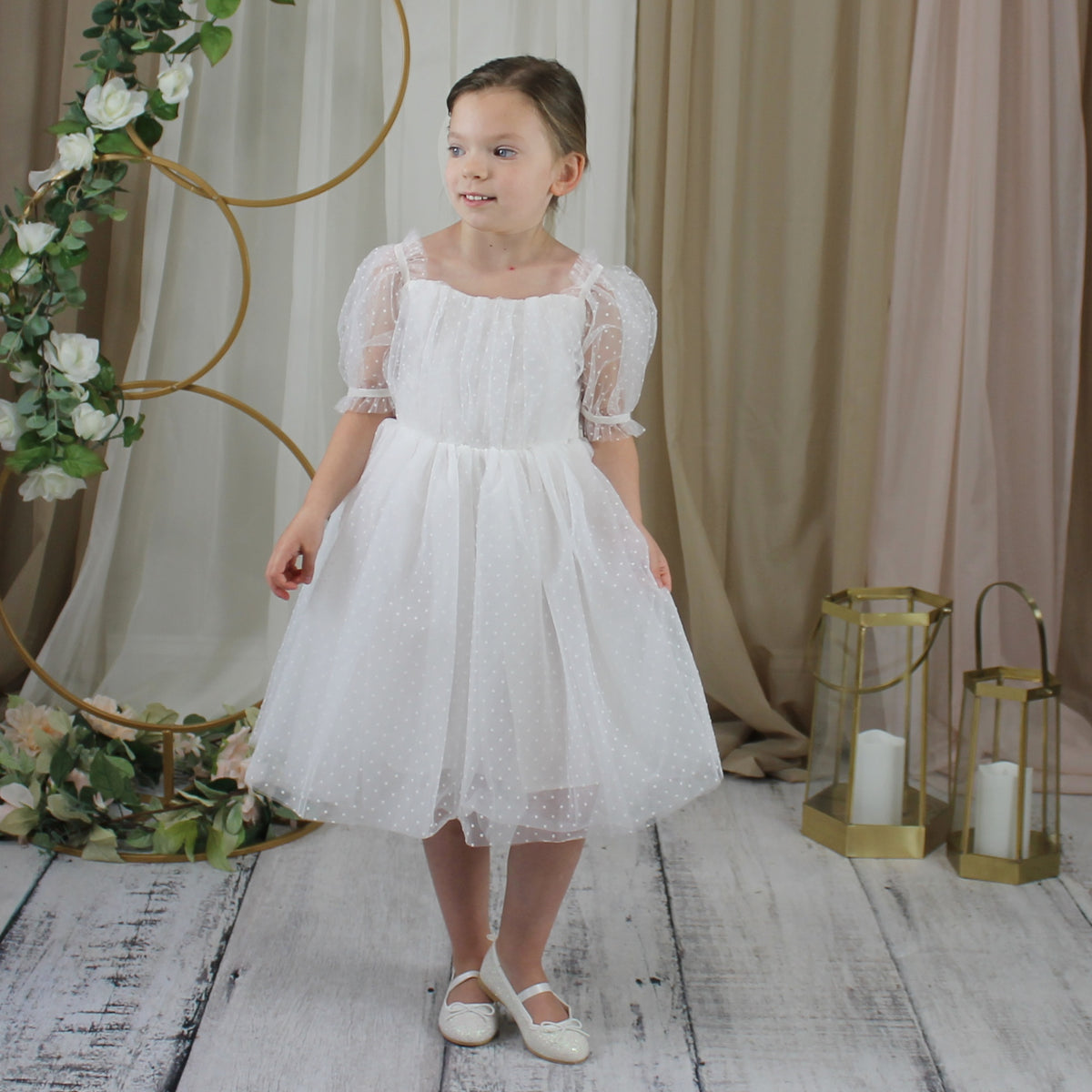 Girls Birthday Dress | White Swiss Dot Tulle