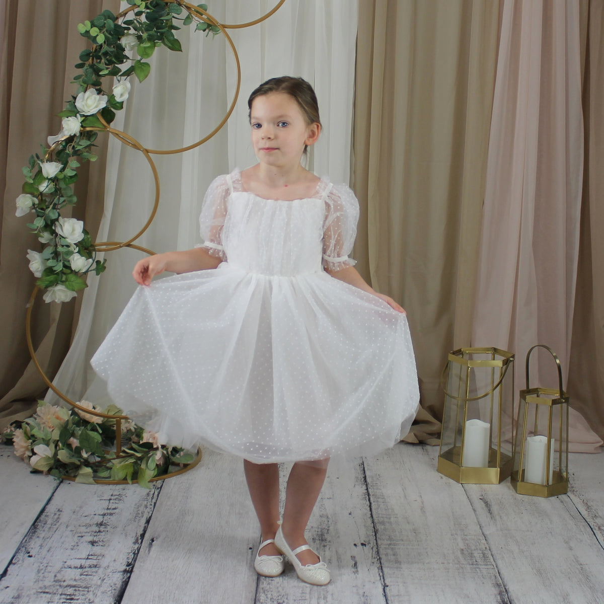 Girls Birthday Dress | White Swiss Dot Tulle