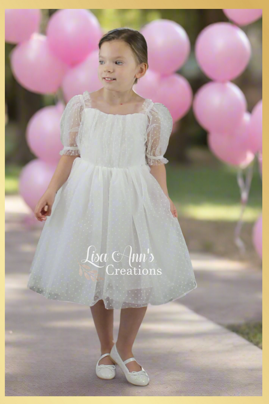 Girls Birthday dress in white tulle and swiss dot pattern