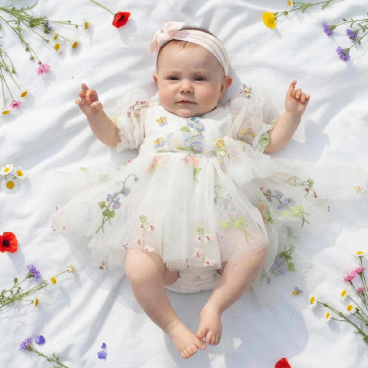 white wildflower floral baby girl dress with built in romper bodysuit. 