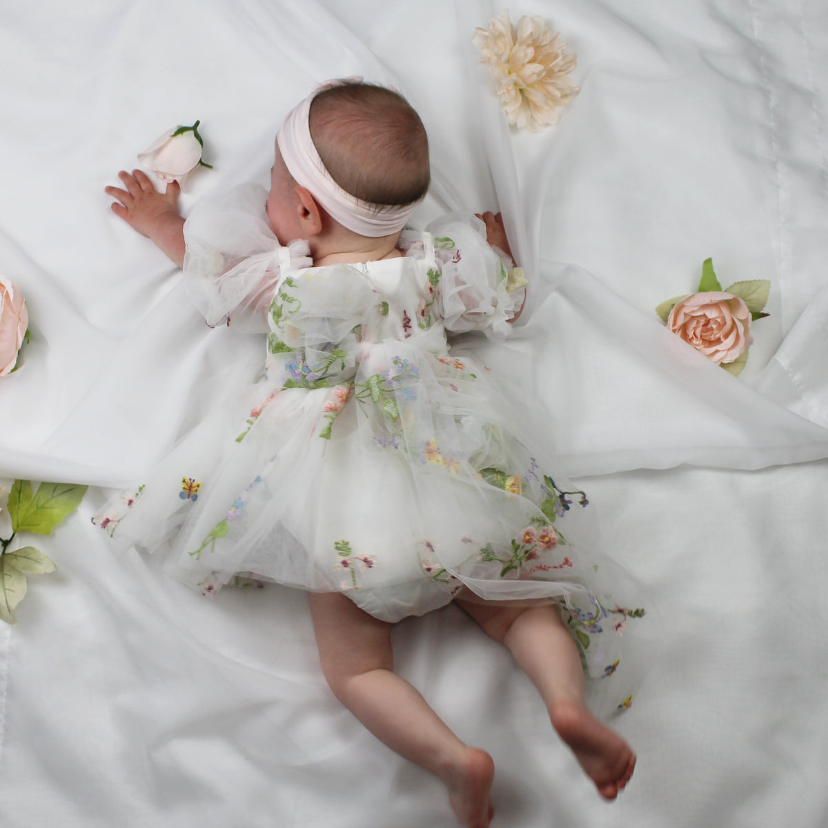 white wildflower floral baby girl dress with built in romper bodysuit. 
