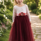 flower girl dress in burgundy tulle and white lace. 
