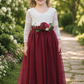 FLower Girl dress in burgundy tulle long sleeves in white lace